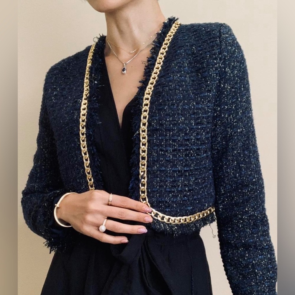 NWOT Christian Lacroix Navy and Gold Metallic Tweed Cropped Blazer | Small - Picture 2 of 13